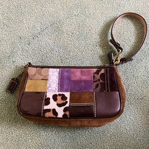 COACH BROWN PURPLE GOLD SMALL LEATHER & SUEDE HANDBAG / WRISTLET